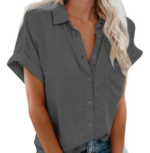 Camisa de manga corta azul claro para mujer, con botones, cuello vuelto, corte holgado, informal, primavera-verano, color liso - Product Image 6