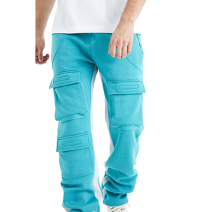 Pantalones deportivos de felpa turquesa para hombre, cintura elástica, múltiples bolsillos, estilo casual, joggers de primavera, lavados, estilo urbano. - Product Image 3