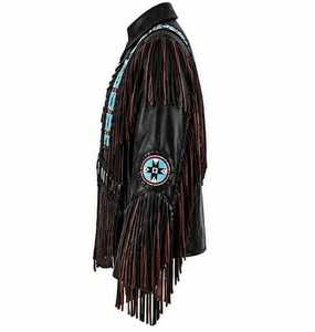 Men's Black Leather <b>Fringe</b> <b>Jacket</b> with Geometric Embroidery Turn-down Collar Moto Biker Style - Product Image 2