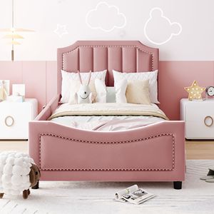 Letto a giorno classico a righe rosa imbottito, misura singola, per bambini, con elegante testiera - Product Image 2