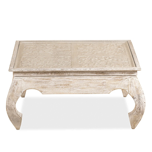 Table basse en bois de manguier massif, finition blanchie à la chaux, style antique vintage, avec plateau carré sculpté à la main, pour salon, bureau ou maison. - Product Image 2
