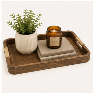 Ensemble de 3 plateaux de service rustiques en bois brun foncé avec poignées en corde de jute, plateaux rectangulaires décoratifs pour le café - Product Image 6