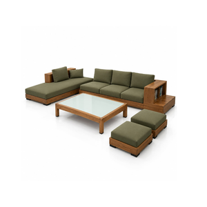 Ensemble de canapé modulable en bois contemporain avec coussins verts, table basse et ottomanes pour appartement, hôtel, salon - Product Image 1