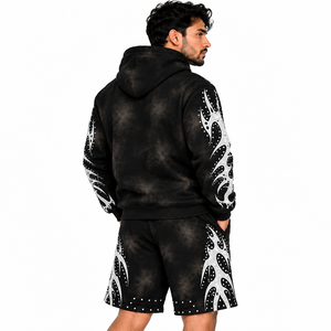 Conjunto de Sudadera y Pantalones Cortos para Hombre con Diseño Gráfico Personalizado, Hombros Caídos, Pedrería, Algodón, Felpa, Estilo Deportivo - Product Image 2