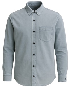 Chemise décontractée à manches longues en tissu satiné 100% coton de qualité supérieure pour homme, respirante, anti-rides, aspect denim délavé léger - Product Image 1