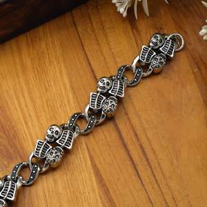 Pulsera de eslabones con calavera de latón chapado en plata antigua, cadena plana gruesa, joyería gótica para motociclistas, al por mayor - Product Image 3