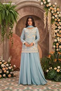 Premium Collection Chinon with <b>Beads</b> work Readymade Short-Length Straight Suit-Flared Solid Plazzo-Dupatta Set Indian Supplier - Product Image 5