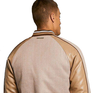 <b>Men</b>’s Premium Beige Varsity <b>Jacket</b> Button-Up Baseball Bomber with Contrast <b>Leather</b> Sleeves Custom Logo <b>Men's</b> Premium <b>Jackets</b> - Product Image 3