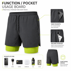 Men's Double-<b>Layer</b> Performance Shorts With Compression Liner Elastic Waist Drawstring Side Pockets Sporty Style - Product Image 4