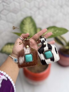 Custom Designer Hair on Hide Cowhide Leather Key <b>rings</b> Real Leather Turquoise Stone Western Stylish Key Chain Hot Sale Mini - Product Image 3