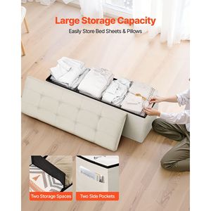 Banc de rangement pliable beige de grande taille, 660 lb, coffre de lit en lin, sacs latéraux rembourrés pour le lit, le salon, supporte 660 lb - Product Image 2