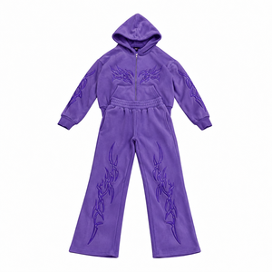 OEM Custom Vintage Streetwear <b>Hoodie</b> Sweatpants Set <b>Lightweight</b> Polyester Fleece Split Hem 2-in-1 Design Elastic Waist Unisex - Product Image 4