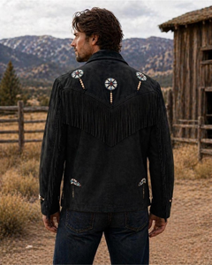 Blouson de motard en cuir noir pour homme, avec franges, perles et broderies à la main, col rabattu vintage, poche avant, style urbain hiver - Product Image 5