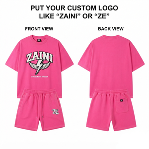 Men T Shirt And Short <b>Set</b> 280 GSM Premium Cotton Terry Fabric Pink Custom Embroidery Chenille Patch Puff Print Screen Print Wove - Product Image 1