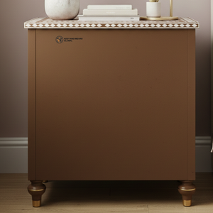 Mesa de Noche Moderna de Lujo con Incrustaciones de Hueso, Ecológica y Hecha a Mano, con 3 Cajones, Gabinete Auxiliar, Diseño Floral Marrón y Blanco - Product Image 3