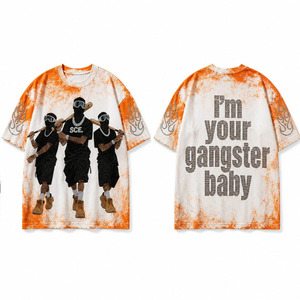Camiseta Oversize Personalizada para Hombre, Naranja y Blanca, con Efecto Tie-Dye y Lavado Ácido, Estampado Gráfico de Diamantes de Imitación con Silueta Urbana y Eslogan Audaz, Manga con Diseño de Llama - Product Image 1