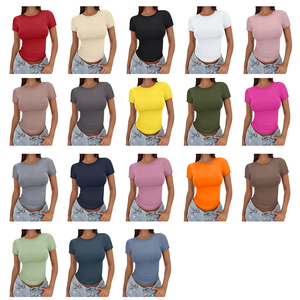 Crop top blanc pour femme, manches courtes, col rond, coupe ajustée, tissu jersey 100% coton, couleur unie, décontracté, à porter au printemps et en été - Product Image 4