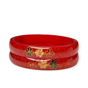 Luxury Sparkling Imitation Pearl Emerald Cut Flower Design Trendy Red <b>Acrylic</b> Bangle Set Gold Plated Wedding Wear - Product Image 2