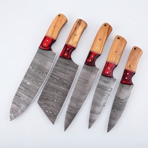 Ensemble de couteaux de cuisine professionnels en acier Damas forgé à la main, 5 pièces, manches en bois et résine, étui en cuir - Product Image 1