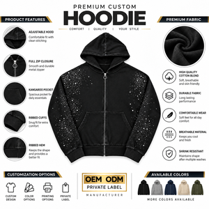 Sweat à capuche brodé personnalisé pour homme, 100 % coton respirant, style décontracté vintage délavé avec fermeture éclair ornée de strass - Product Image 4