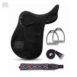 Silla de montar Polo al por mayor de cuero de gamuza, estilo inglés, juego completo con estribos de hierro, correas y cincha, en negro y marrón. - Product Image 2