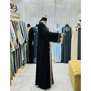 Abaya Moderna de Dos Tonos en Ónix y Arena con Ribete de Encaje para Mujer, Ideal para Fiestas, Festivales y Eventos Formales - Product Image 2