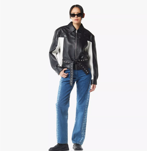 Men's Black <b>White</b> Color Block <b>Leather</b> Breathable Windproof Moto Jacket Embossed Logo Belted Zipper Closure Stand Collar Slim Fit - Product Image 3