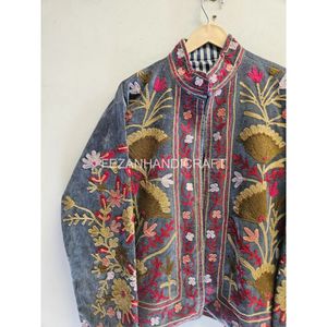 Chaqueta de Algodón Bordada para Mujer, Cuello Mandarín, Estampado Floral, Hecha a Mano, para Otoño, Manga Larga, Largo Regular - Product Image 6