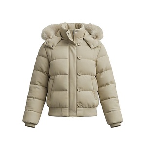 Chaqueta Acolchada con Capucha de Piel, Cierre de Botones, Resistente al Viento, Relleno Grueso de Poliéster, Manga Larga, Color Sólido, Abrigo para Mujer - Product Image 1