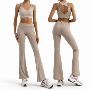 Black High Waist <b>Flared</b> <b>Leggings</b> With Sports Bra Set Women's Activewear Fitness Wear Seamless Workout Outfit - Product Image 4