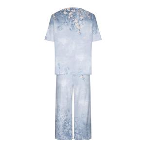 Pijama con estampado floral para mujer, camisa de manga corta con cuello redondo, 95% poliéster, 5% elastano, ropa de dormir informal, cintura elástica, ropa de verano de secado rápido - Product Image 4