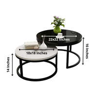 Ensemble de 2 tables basses rondes gigognes en bois d'acacia massif avec base en métal noir pour le salon