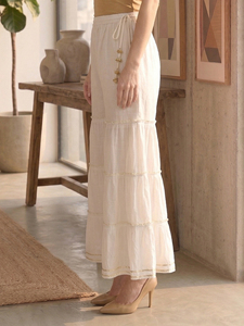 Sharara de Algodón Cambray Blanco, Ropa Étnica Formal, Cómoda para Uso Diario, Moda Tradicional, Estampado Floral de Verano, Ecológica - Product Image 1