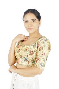 Blusa Corta de Mujer con Estampado Floral, 100% Seda Tejida, Lavable, Cuello Cuadrado, Manga Corta, para Uso Diario y de Fiesta - Product Image 1