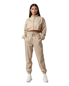Conjunto Deportivo de Dos Piezas para Mujer, Talla Grande, con Capucha, Forro Polar de Algodón, Pantalones Deportivos de Cintura Alta y Top Corto, Ropa de Gimnasio - Product Image 1