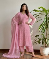 Conjunto de Salwar Kameez de Algodón Rosa con Bordado, Ropa Étnica Tradicional para Mujer, Corte Holgado, Largo hasta el Tobillo, Estilo Casual 84783