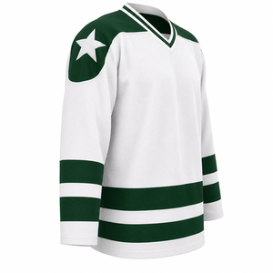 Camiseta de Hockey sobre Hielo Blanca y Verde para Hombre, Cuello en V, Manga Larga, Rayas, Transpirable, Poliéster, Logotipo del Equipo en la Manga Izquierda - Product Image 3