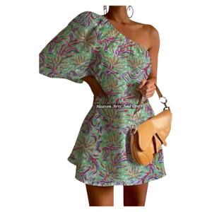 Vestido Casual de Verano para Mujer, Estilo Europeo Americano, Corto, de un Solo Hombro, con Mangas Abullonadas, Nuevo, de Algodón, con Estampado a Mano - Product Image 6