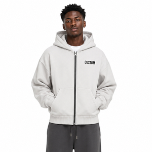 Sweat-shirts OEM pour hommes à fermeture éclair intégrale et épaules tombantes, avec cagoule intégrée personnalisée, en molleton brossé de coton premium, vente en gros - Product Image 4