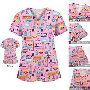 Custom Women’s Dental Print Medical Scrubs Top V-Neck Short Sleeve <b>Nurse</b> Uniform with Pockets Dentistry Hospital Professional - Product Image 3