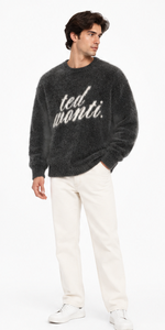Pull en mohair unisexe coupe oversize, en laine brossée rayée, avec logo personnalisé, conception OEM/ODM, tricoté à la main, col rond, duveteux, pour l'hiver - Product Image 4