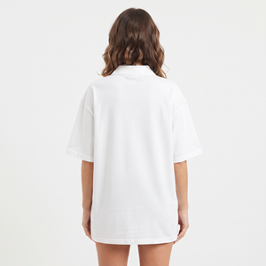 T-shirt polo surdimensionné pour femme, couleur blanche unie, 100% coton, logo personnalisé, décontracté, manches courtes, haut d'été - Product Image 6