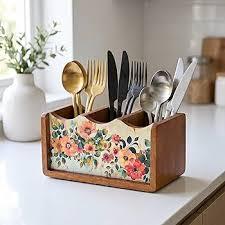 Porte-couverts en bois floral pour la cuisine, table à manger, organisateur multi-sections pour cuillères et fourchettes - Product Image 2