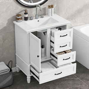 Mueble de Baño de Madera Maciza de 30 Pulgadas con Lavabo, Puerta, Tres Cajones, Tablero de MDF y Patas Ajustables - Product Image 1