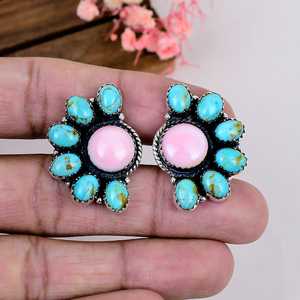 Kingman Turquoise Pink Conch Sterling <b>Silver</b> <b>Stud</b> <b>Earrings</b> Boho Gemstone Jewelry Gift for Her - Product Image 6