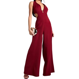 Women's Elegant Sleeveless High Waist <b>Wide</b> <b>Leg</b> Romper Halterneck Backless <b>Jumpsuit</b> Solid Plain Dyed Eco-Friendly Spring Summer - Product Image 3