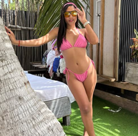 Bikini Segitiga Warna Pink Solid Model Tunnel dengan Tali Leher Berkerut, Pakaian Renang Khusus untuk Wanita