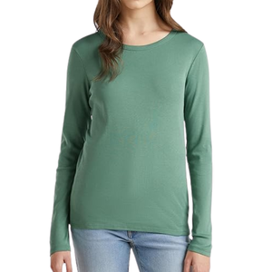 Camiseta de punto de manga larga con cuello redondo para mujer, de color sólido, 100% algodón, transpirable, informal, en oferta online. - Product Image 4