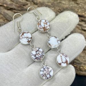 Boucles d'oreilles clous en argent magnésite cheval sauvage, faites à la main, trois pierres rondes, plaqué rhodium, bijoux en pierres précieuses, cadeau pour elle, pour les fêtes - Product Image 6
