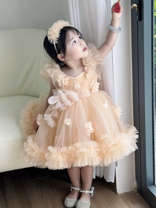 Vestido de Princesa con Flores 3D para Niñas, Vestido de Tul con Apliques Florales y Dobladillo con Volantes para Niñas - Product Image 5